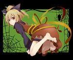  bare_legs barefoot blonde_hair bow brown_dress brown_eyes bug dress frame hair_bow highres kurodani_yamame long_sleeves looking_at_viewer looking_back misyagu shirt silk solo spider spider_web touhou 