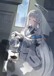  1girl absurdres blue_archive blue_necktie blue_sky calendar_(object) closed_mouth coat coffee_maker coffee_mug coffee_pot commentary_request cup day halo headgear highres holding holding_kettle indoors jacket kettle long_hair mechanical_halo moca_suzuka mug necktie noa_(blue_archive) open_clothes open_jacket pouring sidelighting skirt sky smile solo suit very_long_hair white_coat white_hair white_halo white_jacket white_skirt white_suit 