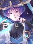  1boy anemo_symbol_(genshin_impact) aqua_gemstone armor black_bodysuit black_bridal_gauntlets blue_cape blue_kimono blunt_ends bodysuit bridal_gauntlets cape choppy_bangs crescent curled_fingers eyelashes eyeliner eyeshadow feathers furrowed_brow gem genshin_impact gold gold_ring hands_up hat highres japanese_armor japanese_clothes jingasa juban kimono kote kurokote looking_at_viewer makeup male_focus mandarin_collar middle_ring night night_sky open_clothes open_hand open_kimono open_mouth outdoors pom_pom_(clothes) purple_eyes purple_hair purple_hat red_eyeliner red_eyeshadow scaramouche_(genshin_impact) shoulder_peek sky solo star_(sky) starry_sky straight-on toa_scara tree upper_body vortex wanderer_(genshin_impact) white_kimono white_sleeves white_trim wind yellow_feathers 