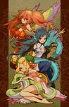  barefoot blonde_hair blue_hair breasts china_dress chinese_clothes cleavage cleavage_cutout dragon dress gauntlets green_eyes grin head_fins highres karin_(p&amp;d) leilan_(p&amp;d) long_hair medium_breasts meimei_(p&amp;d) multicolored multicolored_wings multiple_girls one_eye_closed puzzle_&amp;_dragons red_hair smile snake tasuku_(bixbite) turtle_shell twintails wings 