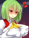  ascot breast_grab breast_squeeze breasts empty_eyes gap grabbing kazami_yuuka large_breasts multiple_girls open_clothes open_vest red_eyes shaded_face tori_(minamopa) touhou translated vest yakumo_yukari 