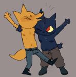 anthro areola arm_around_shoulders armpit_hair belly biped blue_body body_hair bottomwear breasts canid canine clothed clothing denim denim_bottomwear denim_clothing digital_drawing_(artwork) digital_media_(artwork) domestic_cat duo emanata eyes_closed felid feline felis female fox gregg_lee grey_background handwritten_text happy head_tuft hi_res jeans kewpiekills kick mae_borowski male mammal navel night_in_the_woods nipples notched_ear one_eye_closed open_mouth open_smile orange_body pants red_eyes scar shorts signature simple_background slightly_chubby slightly_chubby_female small_breasts smile standing text topless topless_anthro topless_female topless_male tuft wink x_marking