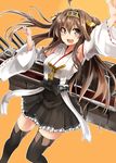 :d ahoge arm_up bare_shoulders black_eyes blue_eyes blush boots breasts brown_hair detached_sleeves haik hair_ornament hairband headgear highres japanese_clothes kantai_collection kongou_(kantai_collection) large_breasts long_hair looking_at_viewer miniskirt nontraditional_miko open_mouth ribbon-trimmed_sleeves ribbon_trim skirt smile solo thigh_boots thighhighs wide_sleeves zettai_ryouiki 