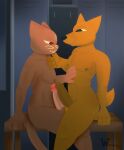 anthro balls bodily_fluids butt canid canine casey_hartley digital_media_(artwork) domestic_cat duo erection felid feline felis fox genital_fluids genitals gregg_lee hand_on_chin hi_res male male/male mammal night_in_the_woods nipples nude penis simple_background tail touching_dick wolfbaloo