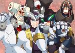  5boys android armor assault_visor bald beard black_armor black_helmet blue_eyes blue_hair blue_sclera bodystocking cape chest_jewel clenched_teeth coat colored_sclera crying dynamo_(mega_man) facial_hair facial_mark forehead_jewel gate_(mega_man) gloves hand_on_another&#039;s_shoulder hand_on_own_hip hand_on_own_neck helmet high_max_(mega_man) highres humanoid_robot isoc_(mega_man) jewelry joints kotatuman_dash lab_coat large_hands long_hair looking_at_viewer mechanical_ears mega_man_(series) mega_man_x6 mega_man_x_(series) multiple_boys mustache no_pupils purple_armor purple_helmet red-tinted_eyewear robot robot_ears robot_joints scar scar_on_face shoulder_armor shoulder_pads sigma_(mega_man) smile teeth tinted_eyewear white_cape white_coat white_gloves white_hair 