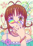  akizuki_ritsuko antenna_hair bracelet braid brown_eyes brown_hair glasses hands idolmaster idolmaster_(classic) jewelry lips long_hair nail_polish rainbow ring rumil short_hair solo twin_braids 