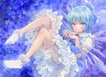  bloomers blue_eyes blue_hair bobby_socks bow cirno dress fingers_together hair_bow ice ice_wings misawa_hiroshi pointy_ears short_hair socks solo touhou traditional_media underwear watercolor_(medium) wings 