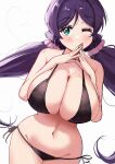  1girl aqua_eyes bare_arms bikini black_bikini blush breasts cleavage closed_mouth collarbone commentary_request hair_ornament hair_scrunchie highres huge_breasts large_breasts long_hair looking_at_viewer love_live! love_live!_school_idol_project navel one_eye_closed pisagi purple_hair scrunchie simple_background smile solo standing swimsuit tojo_nozomi twintails very_long_hair white_background wide_hips 