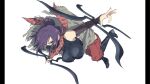  1girl absurdres arms_up black_shirt black_socks breasts grey_sandals hanging_breasts highres holding holding_weapon large_breasts mask mouth_mask narrowed_eyes navel ninja_mask non-web_source official_art outstretched_arms pants pillarboxed purple_hair red_eyes red_pants red_scarf rin_(senran_kagura) sandals scarf senran_kagura senran_kagura_burst_re:newal shirt socks solo weapon white_background yaegashi_nan 
