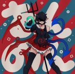  1girl akatsuki_records asymmetrical_wings black_hair black_thighhighs blue_wings bow bowtie collarbone commentary feet_out_of_frame hair_over_one_eye highres houjuu_nue looking_at_viewer otaeriaaoba parted_lips pleated_skirt pointy_ears polearm red_bow red_bowtie red_eyes red_skirt red_wings shaded_face short_hair skirt snake solo thighhighs touhou trident weapon wings 