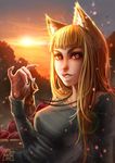  2013 animal_ears apple artist_name bangs breasts chromatic_aberration collarbone dated eyelashes fingernails food fruit grin highres holo kate-fox lens_flare long_hair long_sleeves medium_breasts orange_hair pouch red_eyes smile solo spice_and_wolf sunset wolf_ears 