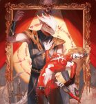  1boy 1girl baldur&#039;s_gate baldur&#039;s_gate_3 black_lips blonde_hair blood bodysuit brother_and_sister candlestand closed_eyes cowboy_shot curtains dagger detached_sleeves dragon_boy dragonborn_(d&amp;d) dungeons_&amp;_dragons furry furry_male hand_on_another&#039;s_chest headpiece heart_(organ) highres hip_vent holding holding_dagger holding_heart_(organ) holding_knife holding_weapon knife leaning_back long_hair low-braided_long_hair low-tied_long_hair orin_the_red picture_frame red_bodysuit red_eyes runes siblings skull skyorange standing the_dark_urge_(baldur&#039;s_gate) weapon 