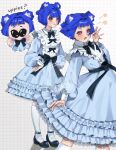  1girl :d animal_ear_fluff animal_ears ankle_belt artist_name bear_ears bear_girl belt belt_buckle bib_collar black_belt black_shoes blue_bow blue_bowtie blue_dress blue_hair blue_sash blunt_bangs blunt_ends blunt_sidelocks blurry_edges blush blush_stickers bob_cut bow bow_print bowtie breasts buckle buttons center-flap_bangs character_watermark chibi chibi_inset chromatic_aberration closed_mouth collared_dress commentary copyright_notice double-parted_bangs dress dress_bow english_commentary english_text eyebrows_hidden_by_hair fang feet_out_of_frame fingernails frilled_dress frills from_above from_side full_body go!_go!_gris! grid_background grin gris_(go!_go!_gris!) hair_intakes half_updo hand_up hands_on_own_hips happy heart heart_in_eye highres invisible_floor kneehighs kohai_hime lace-trimmed_dress lace_trim layered_dress leaning_back light_blush long_eyelashes long_fingernails long_sleeves looking_at_viewer looking_to_the_side looking_up mary_janes medium_dress meme multiple_views open_hands open_mouth outline outstretched_arm outstretched_arms outstretched_hand parted_hair pink_eyes ponytail puffy_long_sleeves puffy_sleeves raised_eyebrows raised_inner_eyebrows red_eyes sash shoes short_hair short_ponytail sidelocks signature small_breasts smile socks solid_circle_pupils sparkling_eyes standing star_(symbol) symbol_in_eye talking thick_eyelashes tongue tongue_out twitter_username two-tone_dress waist_bow waist_sash walking white_background white_dress white_outline white_sleeve_cuffs white_socks wide-eyed wing_collar yurie_mouth 