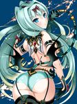  aqua_panties ass black_legwear blue_eyes blush character_request cosmos_(the_crying_moon) demon_tail demon_wings garter_straps hair_ornament hair_ribbon junketsu_duelion long_hair low_wings panties ribbon silver_hair smile solo tail thighhighs underwear very_long_hair wings 