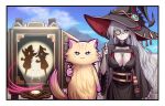  1girl akisame_rizu black_dress black_hat body_fur border breasts brown_fur cat cleavage cowboy_shot diabellstar_the_black_witch dress duel_monster grey_eyes grey_hair hat highres large_breasts long_hair monocle official_alternate_costume shadow_puppet standing thumbs_up very_long_hair white_border witch witch_hat yu-gi-oh! 