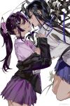  2girls absurdres ayame_en_(ouge_dz) black_flower black_hair black_jacket black_shirt blazer blue_skirt bow bowtie buttons chinese_commentary choker closed_mouth clothes_grab collared_shirt commentary_request couple cowboy_shot eye_contact eyelashes floral_background flower frilled_choker frills from_side gyaru hair_between_eyes hair_ornament hair_scrunchie hairclip happy highres holding holding_flower imminent_kiss jacket jacket_partially_removed light_particles lily_(flower) lips long_hair long_sleeves looking_at_another miniskirt multiple_girls name_tag original ouge_dz parted_lips pink_lips pleated_skirt purple_bow purple_bowtie purple_choker purple_eyes purple_hair purple_scrunchie purple_shirt purple_skirt scrunchie shirt shirt_grab skirt smile straight_hair striped_bow striped_bowtie striped_clothes sweater_jacket thighs very_long_hair watermark weibo_watermark white_background white_jacket yuri yuri_chie_(ouge_dz) 