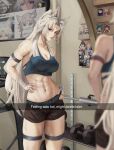  1girl absurdres animal_ears arm_strap bandaged_hand bandages bare_shoulders belt black_shorts blue_eyes breasts cleavage commentary cowboy_shot crop_top dumbbell english_commentary feixiao_(honkai:_star_rail) fox_ears highres honkai:_star_rail honkai_(series) jiaoqiu_(honkai:_star_rail) jing_yuan jingliu_(honkai:_star_rail) large_breasts long_hair looking_at_viewer luxearte midriff moze_(honkai:_star_rail) navel one_eye_closed short_shorts shorts sports_bra standing stomach thigh_strap thighs tingyun_(honkai:_star_rail) very_long_hair white_hair yanqing_(honkai:_star_rail) yukong_(honkai:_star_rail) yunli_(honkai:_star_rail) 