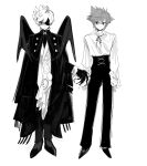  2boys alternate_costume bat_wings blouse blue_eyes cape chinese_commentary claws commentary_request corset expressionless eyepatch fang frilled_sleeves frills full_body greyscale hat_babo highres kingdom_hearts long_sleeves looking_at_viewer male_focus monochrome monster_boy multiple_boys neck_ribbon pants puffy_long_sleeves puffy_sleeves ribbon roxas shirt shoes short_hair sora_(kingdom_hearts) spiked_hair spot_color standing white_background wings 