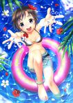  anklet barefoot bikini brown_hair feet flower hair_flower hair_ornament happy hibiscus idolmaster idolmaster_(classic) innertube jewelry kikuchi_makoto legs o-ring o-ring_top ocean partially_submerged purple_eyes rumil short_hair solo strap_gap swimsuit toes water 