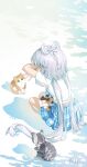  1girl aqua_ribbon blue_skirt bow-shaped_hair braid cat_shadow_puppet_(meme) from_behind full_body grey_cat hair_ribbon harutatsunoki highres long_hair luo_tianyi meme orange_cat plaid_clothes plaid_skirt ribbon shadow shirt short_sleeves skirt solo squatting t-shirt very_long_hair vocaloid vsinger_(vocaloid) white_hair white_shirt 