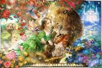  1girl beauty_and_the_beast bird blue_flower blue_rose brown_hair castle cravat crown dancing dress flower furry gown jewelry looking_at_another mid_(midlibro) necklace piano_keys pink_flower pink_rose red_flower red_rose rose yellow_flower yellow_rose 