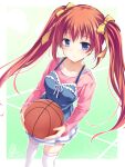  1girl ball basketball_(object) blue_dress blue_eyes blush border bow breasts brown_hair chaamii collarbone commentary_request dress dutch_angle feet_out_of_frame frown green_background hair_between_eyes hair_bow hair_ribbon highres holding holding_ball long_hair long_sleeves looking_at_viewer medium_breasts miniskirt ooizumi_shiori outside_border pink_shirt pleated_skirt real_imouto_ga_iru_ooizumi-kun_no_baai ribbon shirt sidelocks simple_background skirt sleeveless sleeveless_dress solo standing thighhighs twintails very_long_hair white_border white_skirt white_thighhighs yellow_bow yellow_ribbon zettai_ryouiki 