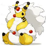 1:1 absurd_res ambiguous_gender anthro black_eyes black_markings blush bovid caprine feet fluffy fluffy_tail forehead_gem fur gem generation_6_pokemon heart_symbol hi_res holding_tail kemono mammal markings mega_ampharos mega_evolution nintendo pokemon pokemon_(species) red_gem signature simple_background sitting smile solo striped_markings stripes tail tontaro watermark white_background white_body white_fur white_tail yellow_body yellow_fur yellow_heart