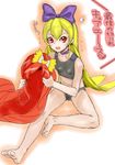  alternate_costume bare_legs bare_shoulders barefoot blonde_hair choker cosplay cure_ace cure_ace_(cosplay) dokidoki!_precure highres long_hair midriff open_mouth outstretched_leg precure purple_ribbon red_eyes red_hair regina_(dokidoki!_precure) ribbon sitting solo sports_bra underwear underwear_only wig yamashita_kurowo 