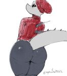 2025 anthro artist_name back_spikes beanie big_butt black_eyes bottomwear bubble_butt butt cavemanon_studios clothing dinosaur erin_(snoot_game) espectro111222 female grey_body grey_bottomwear grey_clothing grey_pants grey_scales hat headgear headwear hi_res huge_hips huge_thighs long_tail pants prehistoric_species red_beanie red_clothing red_hat red_headwear red_sweater red_topwear reptile scales scalie signature snoot_game snout solo spiked_tail spikes spikes_(anatomy) sweater tail text thick_thighs topwear wide_hipped_anthro wide_hipped_female wide_hips