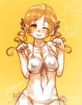  bikini blonde_hair breasts cleavage drill_hair front-tie_top highres large_breasts long_hair looking_at_viewer mahou_shoujo_madoka_magica one_eye_closed ryou_(shirotsumesou) side-tie_bikini smile solo swimsuit tomoe_mami twin_drills twintails yellow_eyes 