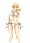  1girl bare_shoulders bikini blonde_hair breasts brown_eyes cleavage fairy_tail finger_to_mouth hand_on_hip hands hips large_breasts legs long_hair looking_at_viewer lucy_heartfilia mound_of_venus parted_lips pose simple_background solo sora_(pixiv1106014) standing swimsuit thighs white_background 