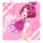  :d bad_id bad_pixiv_id blush bow dokidoki!_precure hair_ribbon half_updo heart looking_back open_mouth outstretched_arm outstretched_hand personification pink_background pink_bow pink_eyes pink_hair precure ribbon sasamaru_chimaki sharuru_(dokidoki!_precure) sharuru_(dokidoki!_precure)_(human) short_hair short_sleeves sitting skirt smile solo thighhighs white_legwear 