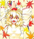  anaakikutushita animal_ears armpits autumn_leaves ballpoint_pen_(medium) blonde_hair breasts colored_pencil_(medium) detached_sleeves fighting_stance gradient gradient_background hat inubashiri_momiji leaf looking_at_viewer maple_leaf medium_breasts millipen_(medium) open_mouth pom_pom_(clothes) red_eyes short_hair solo sword tail tokin_hat touhou traditional_media weapon wolf_ears wolf_tail 