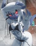 abi_(rilex_lenov) absol against_surface anthro arched_back bathing big_breasts bikini blush breast_squish breasts butt choker claw_fingers claws clothes_falling_off clothing cute_fangs detailed_background fangs female fur generation_3_pokemon hair hi_res inside jewelry looking_at_viewer navel necklace nintendo on_glass pokemon pokemon_(species) red_eyes rilex_lenov shower showering slim slim_anthro slim_female solo squish swimwear teeth two-piece_swimsuit water wet white_body white_fur white_hair