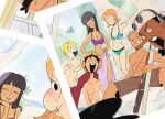  &gt;_&lt; 2girls 5boys ^_^ bikini black_hair blonde_hair blunt_bangs blush brown_shorts cesel cigarette closed_eyes commentary curly_eyebrows dark-skinned_male dark_skin head_rest long_nose looking_at_viewer medium_hair monkey_d._luffy multiple_boys multiple_girls nami_(one_piece) nico_robin one_piece orange_hair photo_(object) purple_bikini roronoa_zoro sanji_(one_piece) sarong shorts straw_hat_pirates swimsuit tony_tony_chopper topless_male usopp 
