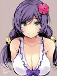  1girl bikini birthday breasts brown_background cleavage collarbone commentary dated flower gengoroh green_eyes hair_flower hair_ornament large_breasts long_hair looking_at_viewer love_live! love_live!_school_idol_project low_twintails purple_hair scrunchie solo swimsuit tojo_nozomi twintails white_bikini yellow_scrunchie 
