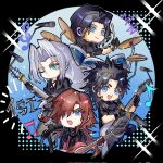  4boys angeal_hewley band_(music) belt black_belt black_coat black_facial_hair black_gloves black_hair black_jacket black_sweater blue_eyes bracer brown_hair buster_sword chest_strap chibi coat crisis_core_final_fantasy_vii dirge_of_cerberus_final_fantasy_vii drum drum_set drumsticks earpiece electric_guitar facial_hair fang final_fantasy final_fantasy_vii fingerless_gloves genesis_rhapsodos gloves green_eyes grey_hair grose guitar hair_intakes hand_up hands_up happy highres holding holding_drumsticks holding_guitar holding_instrument instrument jacket leather leather_jacket long_hair long_sleeves looking_at_viewer male_focus medium_hair microphone multiple_boys music one_eye_closed open_mouth parted_bangs playing_guitar playing_instrument red_coat red_gloves sephiroth short_sleeves singing sleeveless sleeveless_sweater sleeveless_turtleneck slit_pupils smile sparkle spiked_hair suspenders sweater time_paradox turtleneck turtleneck_sweater twitter_username upper_body zack_fair 
