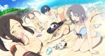  5girls all_fours aqua_bikini beach bikini black_bikini black_hat blonde_hair blue_bikini blue_eyes blue_hair blue_sky blush_stickers bow breasts brown_hair cleavage closed_eyes floral_print flower game_cg green_bikini green_eyes grey_hair hair_bow hair_flower hair_ornament hairband hannya hat highres large_breasts long_hair lying mask minori_(senran_kagura) mouth_hold multiple_girls murakumo_(senran_kagura) noh_mask non-web_source official_art on_stomach outdoors panties panties_in_mouth parted_bangs polka_dot purple_panties red_eyes senran_kagura senran_kagura_estival_versus shiki_(senran_kagura) short_hair sidelocks sitting skull_print sky striped_clothes striped_panties swimsuit tearing_up twintails underwear wariza water white_bow white_hairband white_panties yaegashi_nan yozakura_(senran_kagura) yumi_(senran_kagura) 