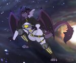 2024 anthro black_horn claws clothed clothing cosmic_background dated dragon female glistening glistening_eyes hi_res horn membrane_(anatomy) membranous_wings mythological_creature mythological_scalie mythology pupils purple_body purple_wings scalie slit_pupils solo space space_background tail tail_tuft tiggybloom torn_wing tuft white_claws white_eyes wings