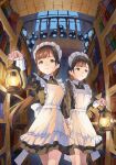  2girls 3: apron baluster black_dress book bookshelf brick brick_wall collared_dress creature dress fisheye floating_hair frilled_apron frills frown green_eyes highres holding holding_hands holding_lantern indoors ito_yoshi lantern long_hair long_sleeves maid maid_apron maid_headdress multiple_girls night original parted_bangs raised_inner_eyebrows scared searching siblings sisters sweat sweatdrop swept_bangs twins walking window 