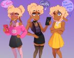 alternative_fashion anthro blonde_hair blouse bottomwear bovid caprine clothing collar curly_hair dani_(heresvix) english_text fishnet_stockings goth hair half-closed_eyes heresvix hi_res legwear male mammal miniskirt narrowed_eyes one_eye_closed purple_background sheep shirt simple_background skirt smile solo stockings suspenders tank_top text topwear wink