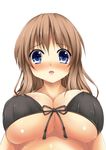  :o bikini black_bikini blue_eyes blush breasts brown_hair cleavage close-up front-tie_top frown highres hoshizuki_(seigetsu) jpeg_artifacts large_breasts long_hair looking_at_viewer original shiny shiny_skin simple_background skindentation solo swimsuit underboob upper_body white_background 