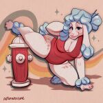 2024 4_fingers 4_toes abstract_background absurd_res accessory ankle_fluff anthro artist_name autumndisiac big_breasts blue_hair breasts canid canine canis cherry_blossom claws clothed clothed_anthro clothed_female clothing colored digital_drawing_(artwork) digital_media_(artwork) domestic_dog feet female female_anthro fingers fire_hydrant floppy_ears floral_markings flower fur hair hair_accessory hair_sticks hi_res hiked_leg mammal markings nipple_outline one-piece_swimsuit pink_nose plant poodle prunus_(flower) raised_leg red_clothing red_one-piece_swimsuit red_swimwear smile snout solo swimwear tail tail_fluff text toes tongue tongue_out white_body white_fur wrist_fluff