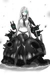  :p blue_eyes boots breasts crossed_legs ganesagi glowing glowing_eyes greyscale highres kantai_collection large_breasts looking_at_viewer monochrome monster no_pants nu-class_light_aircraft_carrier one_eye_closed partially_submerged school_uniform serafuku shinkaisei-kan sitting sitting_on_head sitting_on_person solo_focus spot_color ta-class_battleship thighhighs tongue tongue_out turret wet 