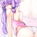  1girl absurdres ass back bare_arms bare_back bare_shoulders blush commentary_request eyebrows_visible_through_hair from_behind hair_between_eyes hair_ornament hair_over_shoulder highres looking_at_viewer nightgown off_shoulder panties pon_(shind_997) purple_eyes purple_hair purple_nightgown short_hair_with_long_locks solo twintails underwear voiceroid white_panties yuzuki_yukari zooming_in 