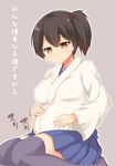  binsen blush breasts brown_eyes brown_hair commentary_request japanese_clothes kaga_(kantai_collection) kantai_collection large_breasts pregnant seiza short_hair side_ponytail sitting skirt smile solo thighhighs translated 