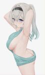  1girl absurdres alternate_costume alternate_hairstyle aot_kwc armpits arms_up ass black_hairband blush breasts closed_mouth firefly_(honkai:_star_rail) grey_hair hair_between_eyes hair_intakes hair_ornament hair_tie_in_mouth hairband highres honkai:_star_rail honkai_(series) large_breasts long_hair looking_at_viewer meme_attire mouth_hold pink_eyes ponytail solo virgin_killer_sweater 