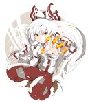  bow fire fujiwara_no_mokou grin hair_bow highres ichizen_(o_tori) long_hair outstretched_arm pants smile solo suspenders touhou very_long_hair white_hair yellow_eyes 