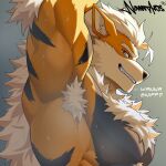 anthro anthrofied arcanine arm_tuft armpit_fetish armpit_hair black_body black_fur bodily_fluids body_hair canid canine chest_tuft digital_drawing_(artwork) digital_media_(artwork) elbow_tuft fur generation_1_pokemon grin hi_res male mammal mature_male multicolored_body musk musky_armpit n0vanarts nintendo orange_body orange_fur pokemon pokemon_(species) pokemorph raised_arm side_view smile solo sweat sweaty_armpit tuft two_tone_body