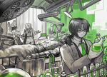  1girl 3boys ascot bed boots brown_eyes closed_mouth collared_shirt commentary faust_(project_moon) flask flaw_eight gauntlets glasses gloves green_necktie halberd holding holding_flask holding_vial hospital_bed indoors k_corp._(identity)_(project_moon) limbus_company low_ponytail mask meursault_(project_moon) multiple_boys n_corp._fanatic_(identity)_(project_moon) necktie open_mouth parted_bangs polearm ponytail project_moon respirator round-bottom_flask scar shirt short_hair sinclair_(project_moon) smile surgery syringe thigh_boots vial weapon white_shirt 